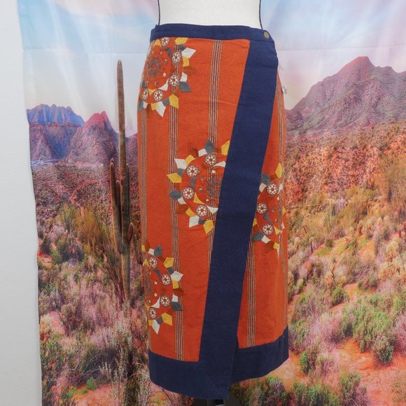 Free People Dresses & Skirts - Free People Song Bird Boho Wrap Skirt Orange Navy Floral Print Size Medium Skirt